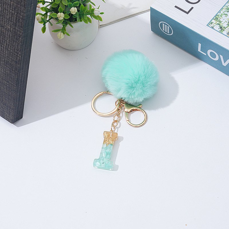 Custom 26 Letter Key Ring Green Cute Fuzzy Plush Ball Pendant Woman Gift Handbag Ornament keychain key chains keychains