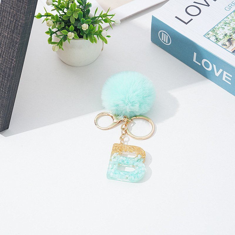 Custom 26 Letter Key Ring Green Cute Fuzzy Plush Ball Pendant Woman Gift Handbag Ornament keychain key chains keychains