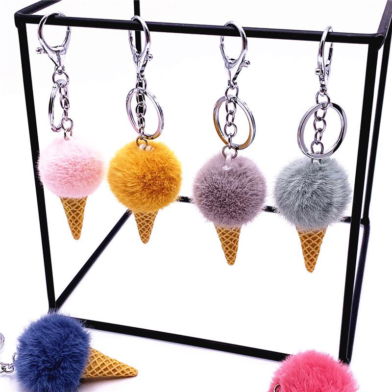 Promotional Gift Custom Cute Faux Fur Ball Furry Ice Cream Keychain Plush Kawaii Cute Ice Cream Cone Keychains bag Charm Pendant