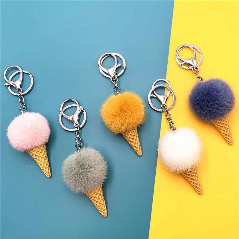 Promotional Gift Custom Cute Faux Fur Ball Furry Ice Cream Keychain Plush Kawaii Cute Ice Cream Cone Keychains bag Charm Pendant