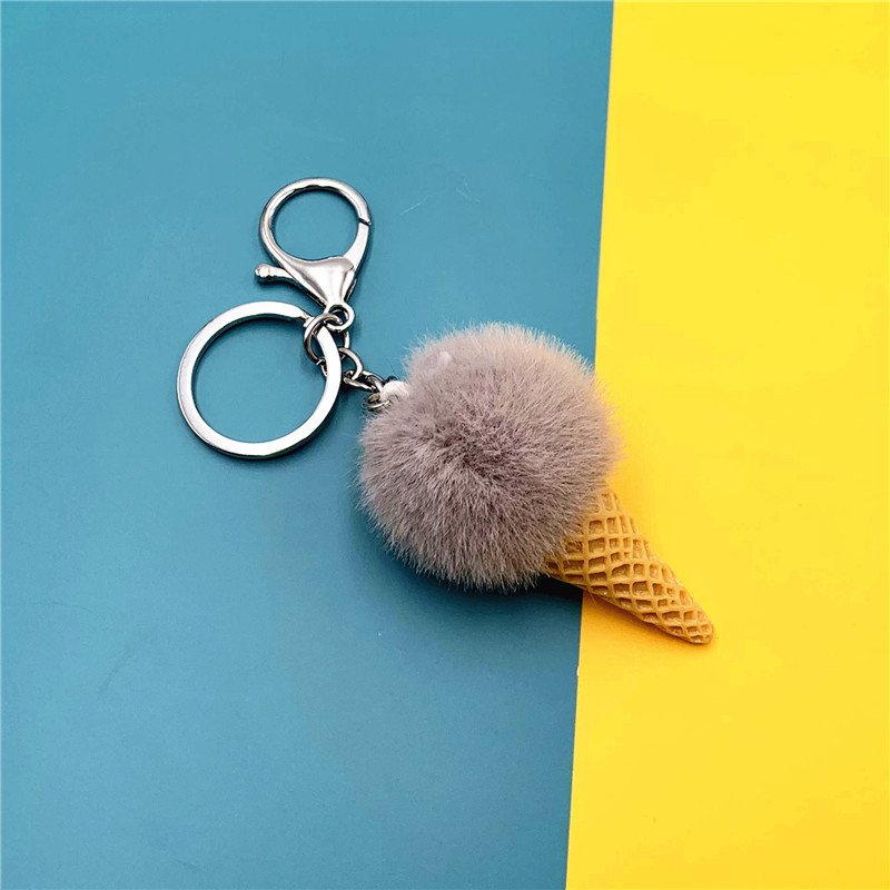 Promotional Gift Custom Cute Faux Fur Ball Furry Ice Cream Keychain Plush Kawaii Cute Ice Cream Cone Keychains bag Charm Pendant