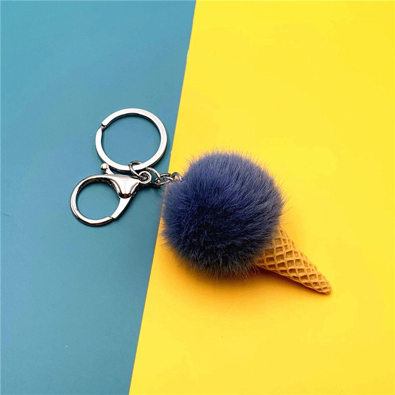 Promotional Gift Custom Cute Faux Fur Ball Furry Ice Cream Keychain Plush Kawaii Cute Ice Cream Cone Keychains bag Charm Pendant
