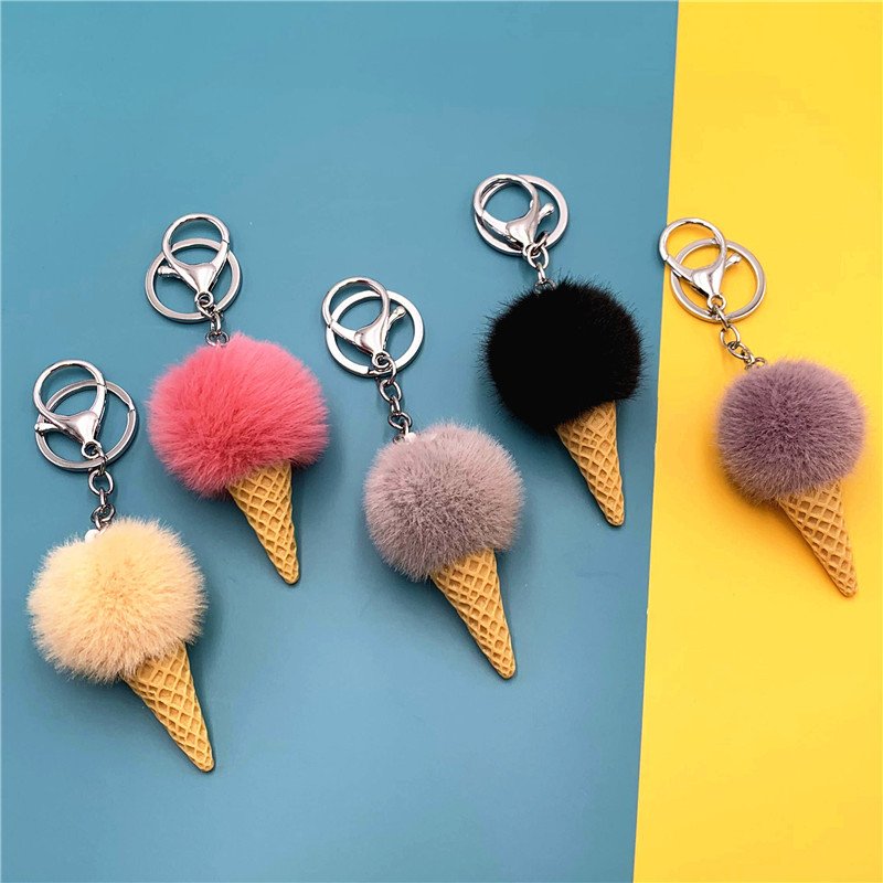 Promotional Gift Custom Cute Faux Fur Ball Furry Ice Cream Keychain Plush Kawaii Cute Ice Cream Cone Keychains bag Charm Pendant
