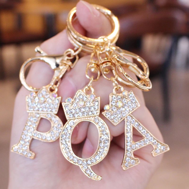 New 26 Initial Letter Rhinestone Keychain For Women Charm Crystal Crown Gold Plated Ring Bag Car Key Chains DIY Accessories