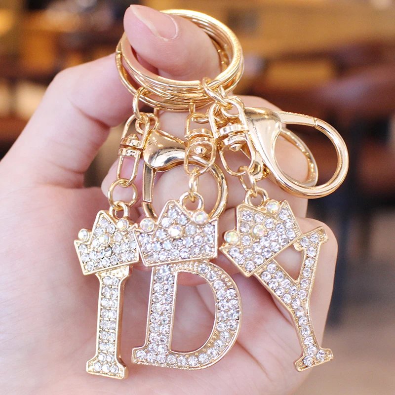 New 26 Initial Letter Rhinestone Keychain For Women Charm Crystal Crown Gold Plated Ring Bag Car Key Chains DIY Accessories