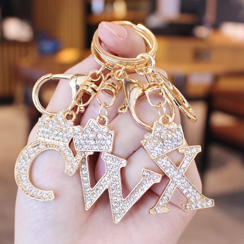 New 26 Initial Letter Rhinestone Keychain For Women Charm Crystal Crown Gold Plated Ring Bag Car Key Chains DIY Accessories