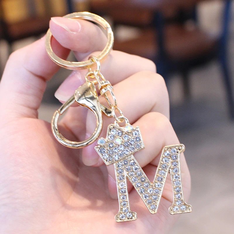 New 26 Initial Letter Rhinestone Keychain For Women Charm Crystal Crown Gold Plated Ring Bag Car Key Chains DIY Accessories