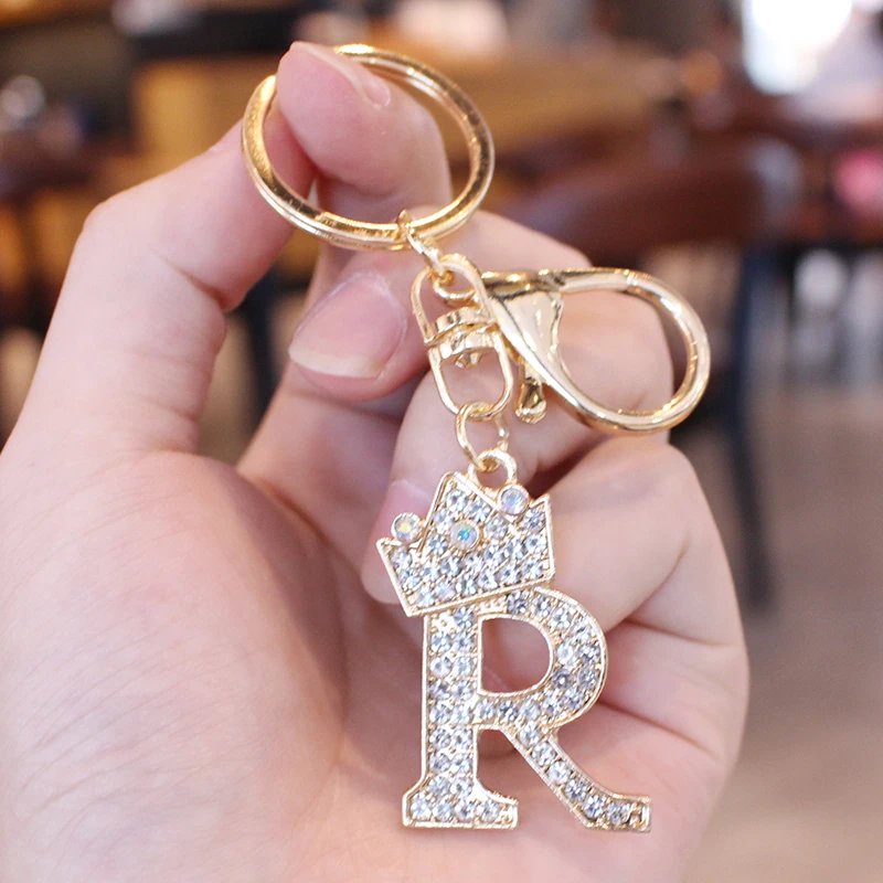 New 26 Initial Letter Rhinestone Keychain For Women Charm Crystal Crown Gold Plated Ring Bag Car Key Chains DIY Accessories