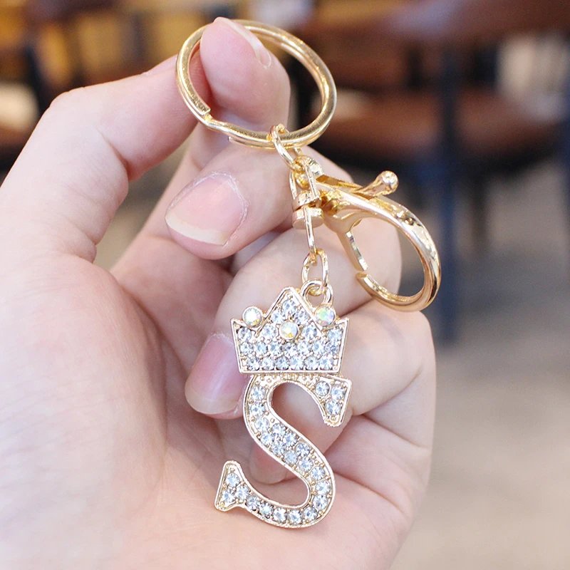 New 26 Initial Letter Rhinestone Keychain For Women Charm Crystal Crown Gold Plated Ring Bag Car Key Chains DIY Accessories