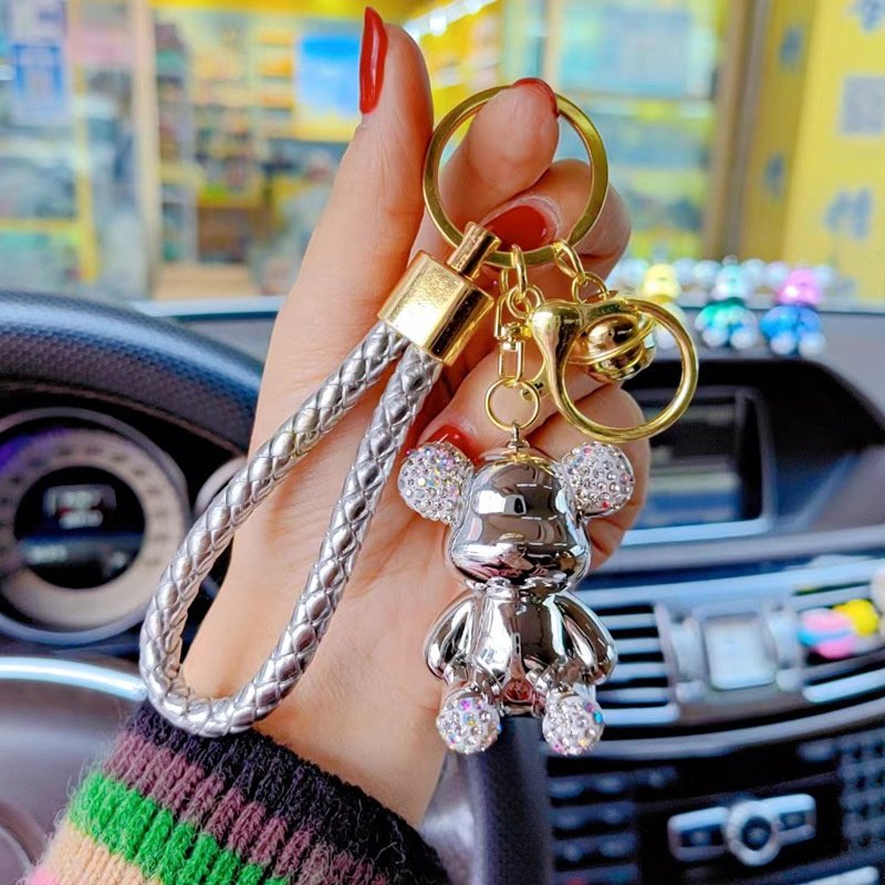3d Pvc Kawaii Cute Character Car Keyring Key Chain Cartoon Car Accessories Luxury Rhinestones Diamond Plating Bear Keychain