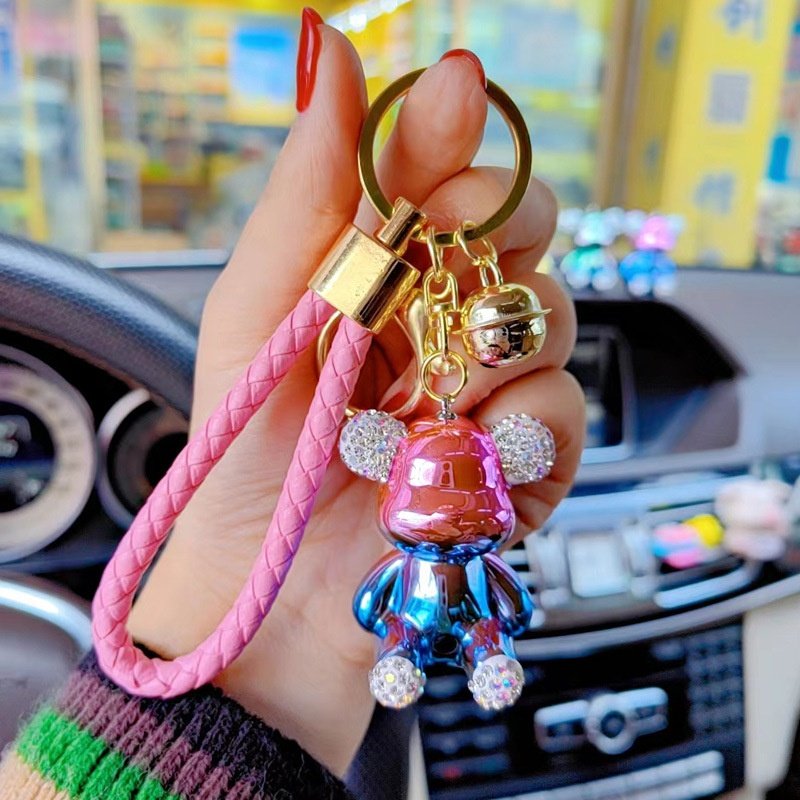 3d Pvc Kawaii Cute Character Car Keyring Key Chain Cartoon Car Accessories Luxury Rhinestones Diamond Plating Bear Keychain