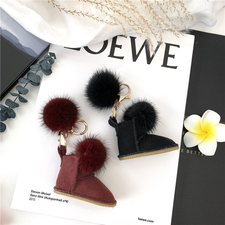 Mink Fur Ball Boots Key Ring Accessories Female Bag Pendant Keychain Accessories Keychaine Ring Plush Shoe Keychain