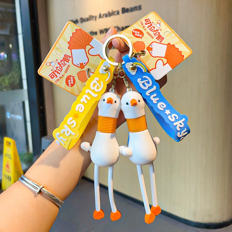Funny 3D PVC Car Keyring Bag Pendant Key Accessories Keychain Telescopic Neck Cute Cartoon Duck Keyholder