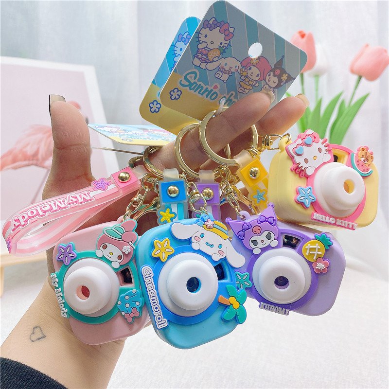 Cartoon Cute 3D Kitty Kuromi Melody Cinnamoroll Toy Projection Camera Key Chain With Wrist Strap Key Ring Bag Pendant Girl Gifts