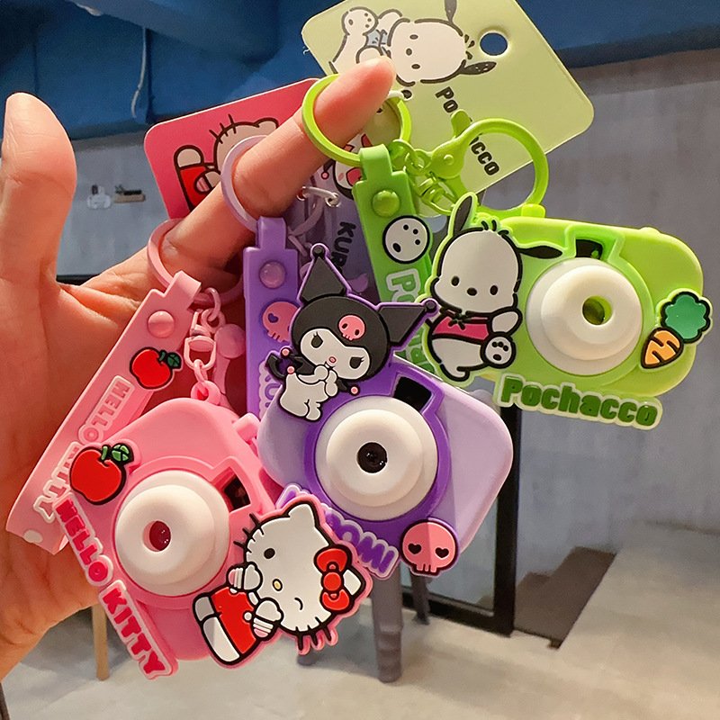 Cartoon Cute 3D Kitty Kuromi Melody Cinnamoroll Toy Projection Camera Key Chain With Wrist Strap Key Ring Bag Pendant Girl Gifts