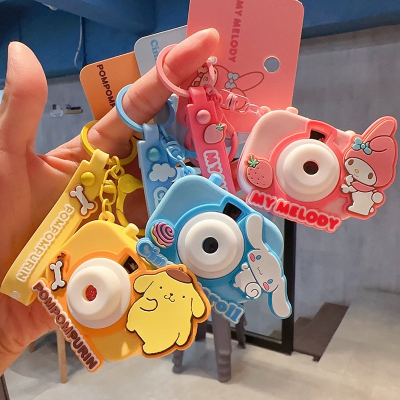 Cartoon Cute 3D Kitty Kuromi Melody Cinnamoroll Toy Projection Camera Key Chain With Wrist Strap Key Ring Bag Pendant Girl Gifts