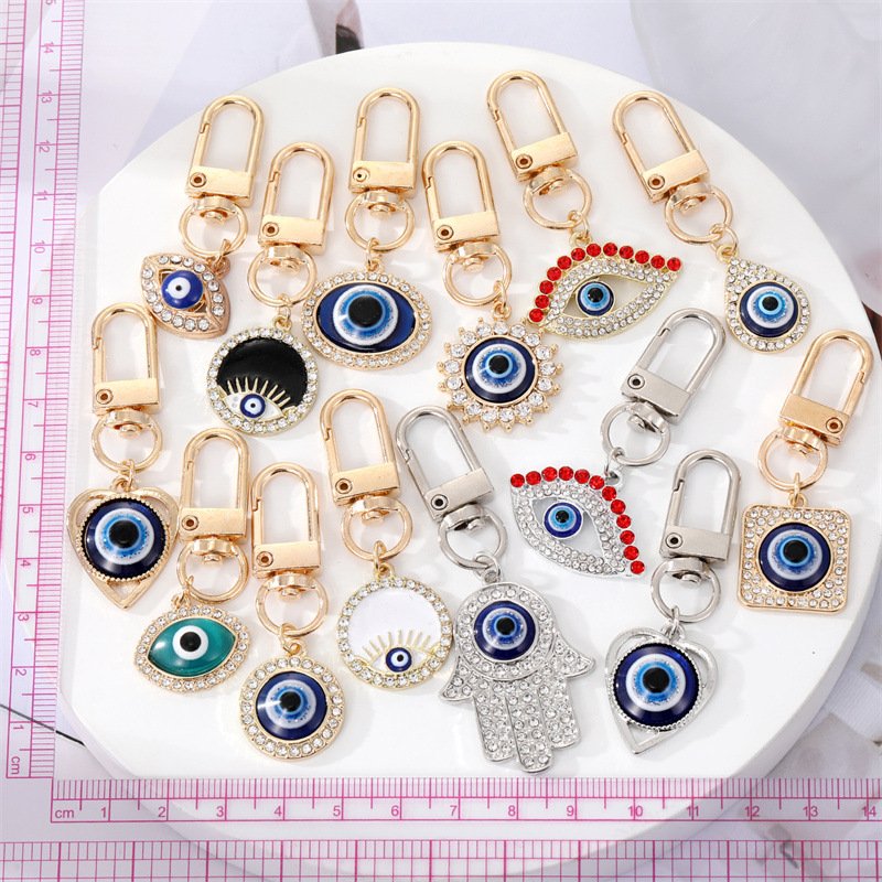Gold Crystal Turkish Nazar Blue Hamsa Hand Evil Eye Amulet Good Luck Keychain Key Ring For Car Women