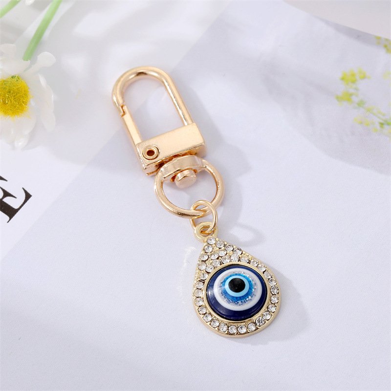 Gold Crystal Turkish Nazar Blue Hamsa Hand Evil Eye Amulet Good Luck Keychain Key Ring For Car Women