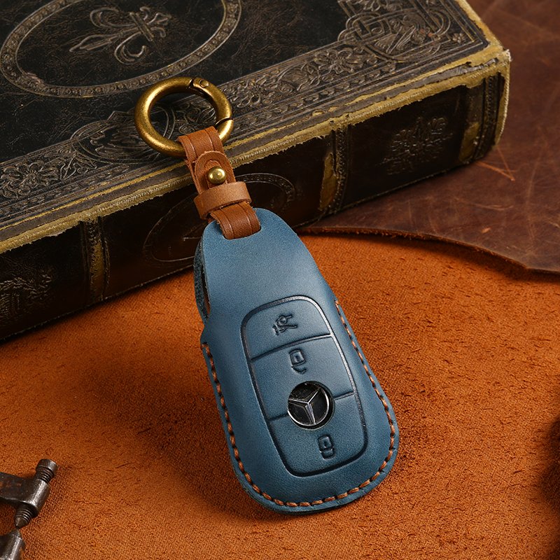 Genuine Leather Car Key Case Cover for Mercedes Benz E/S-Class 3 Buttons Remote Car Key Fob Shell With Key Chain