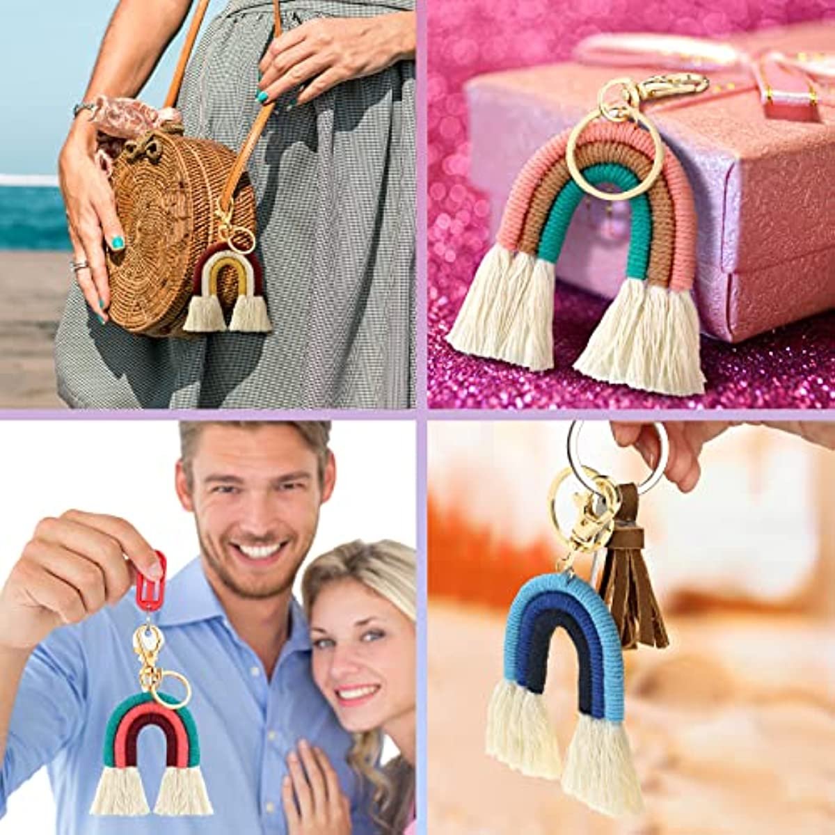 Boho Cotton Rainbow Tassel Key Chains Car Pendant Bag Accessories Fashion Handmade Woven Keychain Charm Macrame Tassel Keychains