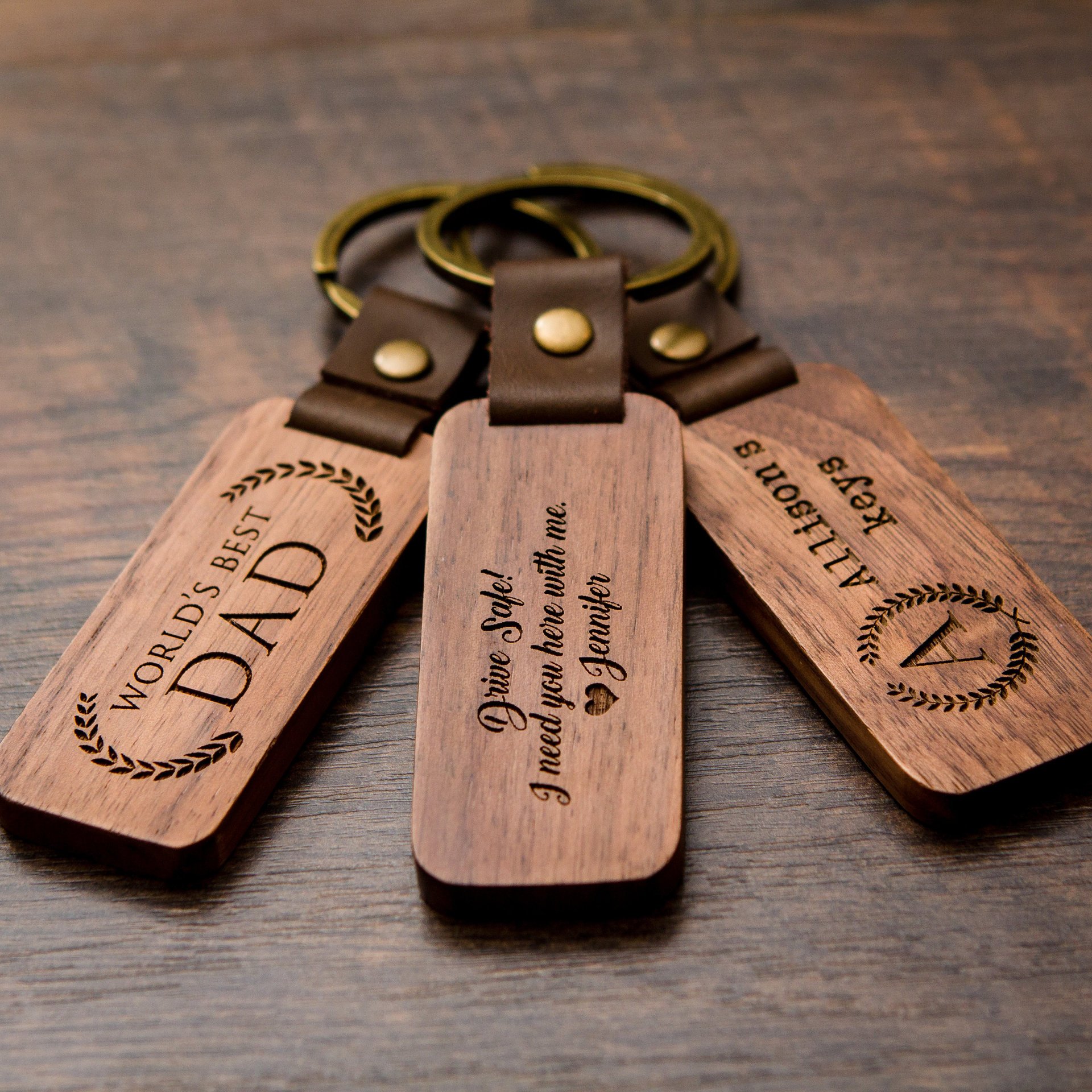 Hot selling engraved Black Walnut Wood Leather Keychain Wedding Key Promotional Blank Keychains For Gifts
