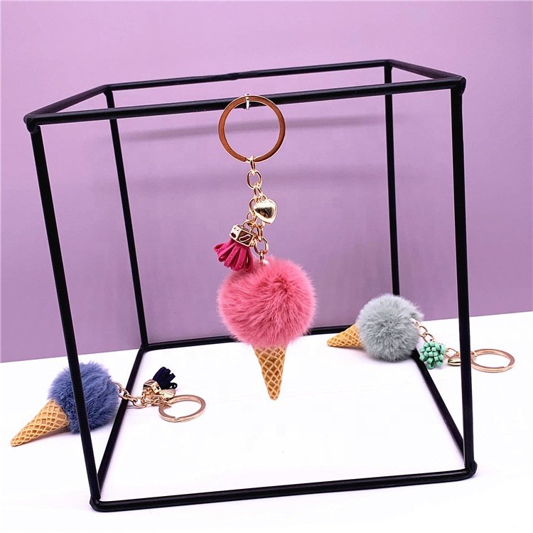 Wholesale Multicolor Furry Cute Ice Cream Plush Keychains Toys Women Bag Car Key Accessories Fur Ball Pom Pom Keychain