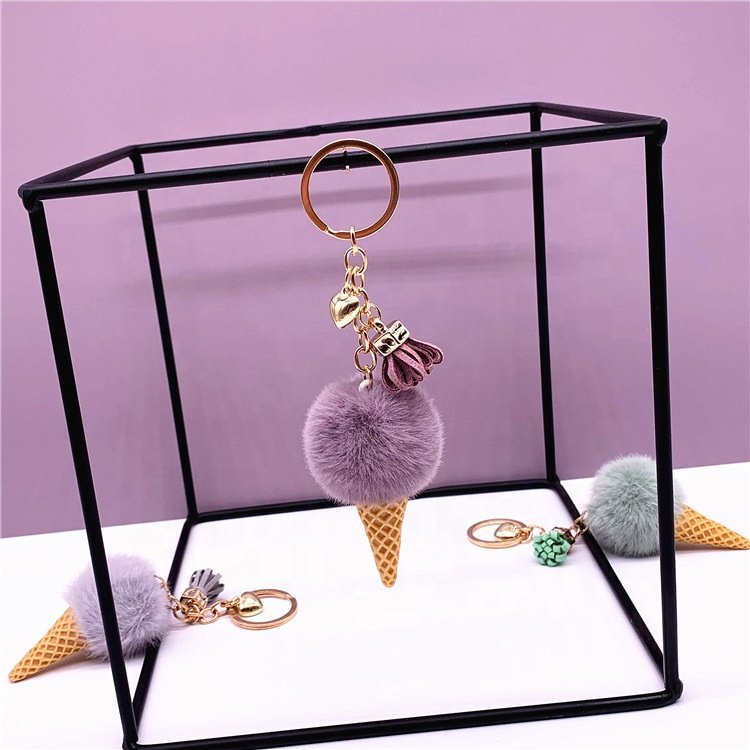 Wholesale Multicolor Furry Cute Ice Cream Plush Keychains Toys Women Bag Car Key Accessories Fur Ball Pom Pom Keychain