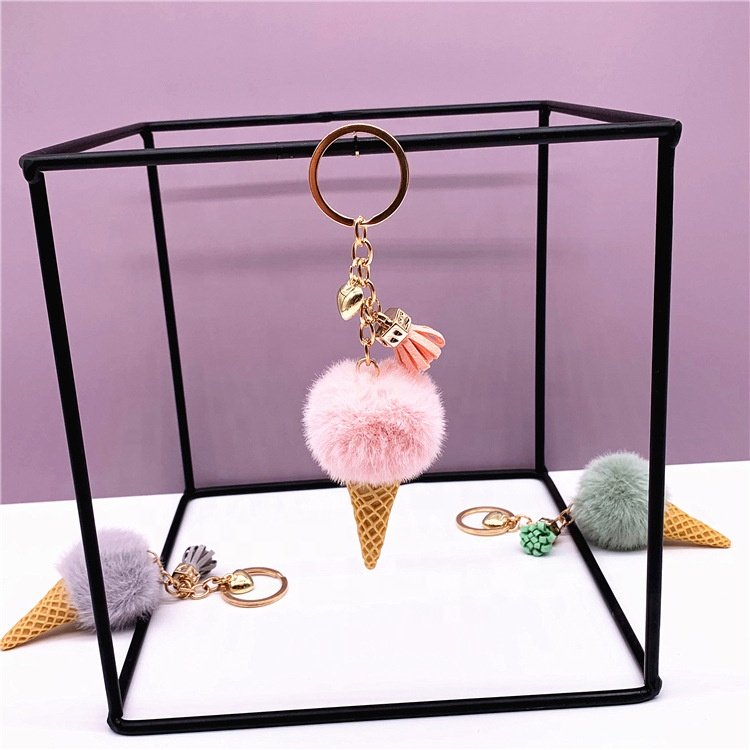 Wholesale Multicolor Furry Cute Ice Cream Plush Keychains Toys Women Bag Car Key Accessories Fur Ball Pom Pom Keychain