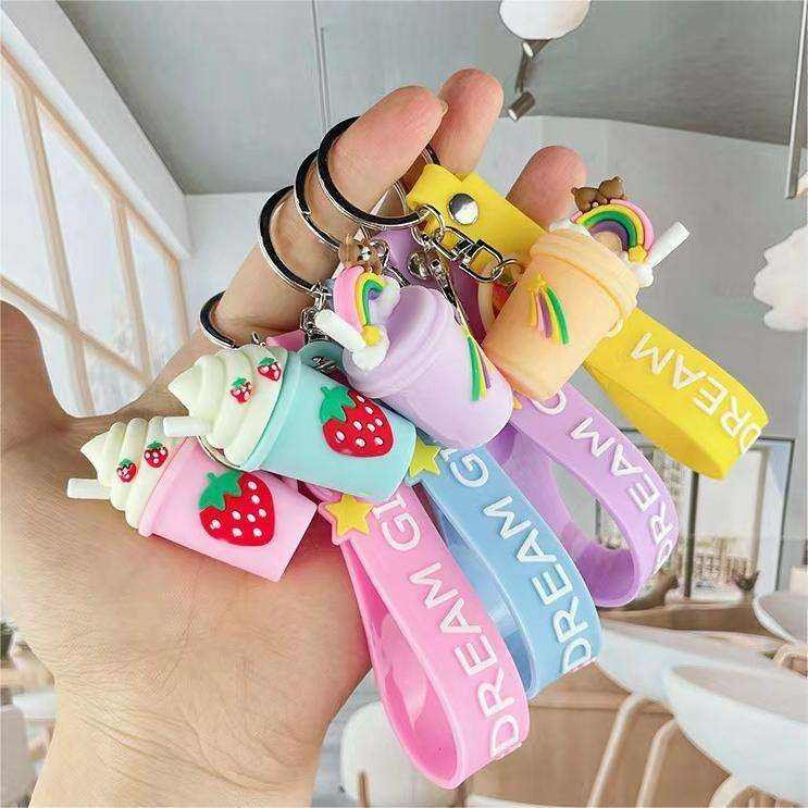 Direct Selling Creative Colours 3D Ice Cream Keychain Milk Tea Key Ring Car Key Accessories