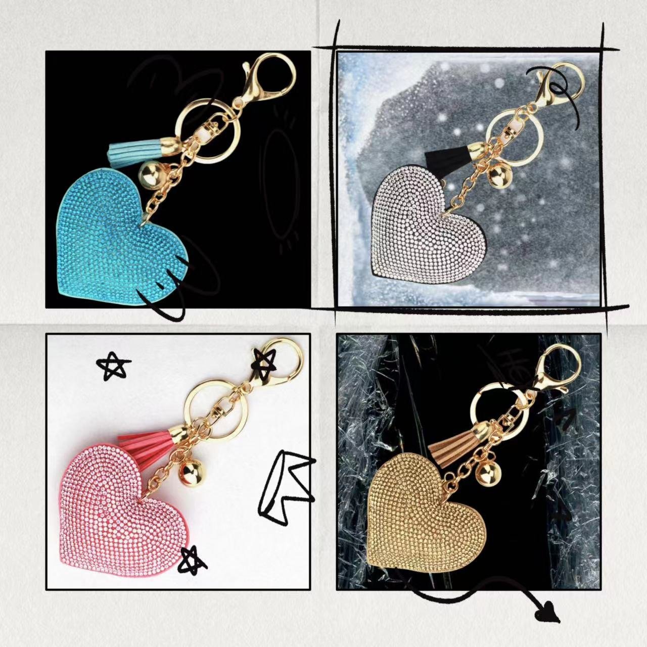 Bling Love Heart Shape Diamond Keychain Tassel Purple Crystal Rhinestone Sparkling Heart Keychain Bag charm Pendant Accessories