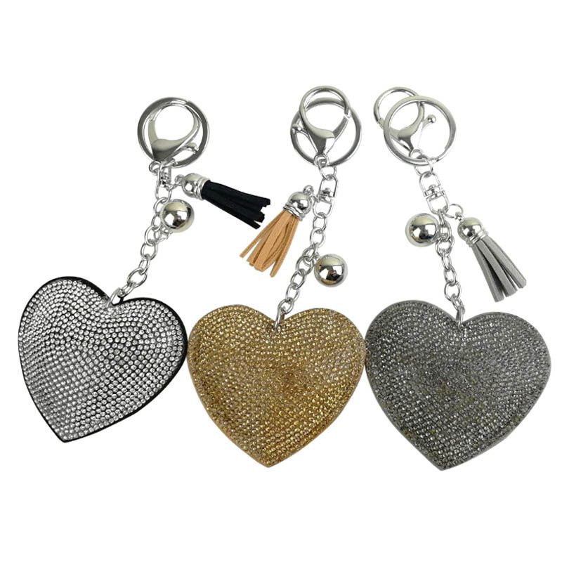 Bling Love Heart Shape Diamond Keychain Tassel Purple Crystal Rhinestone Sparkling Heart Keychain Bag charm Pendant Accessories