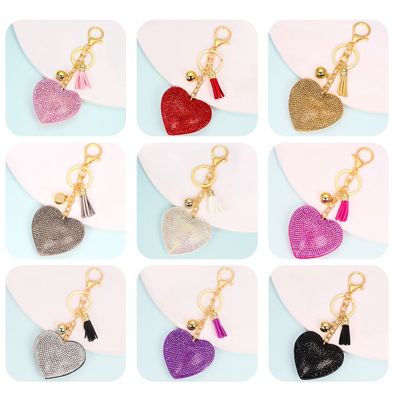 Bling Love Heart Shape Diamond Keychain Tassel Purple Crystal Rhinestone Sparkling Heart Keychain Bag charm Pendant Accessories