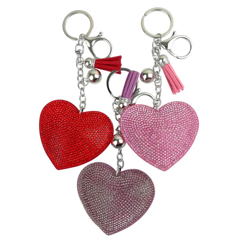 Bling Love Heart Shape Diamond Keychain Tassel Purple Crystal Rhinestone Sparkling Heart Keychain Bag charm Pendant Accessories