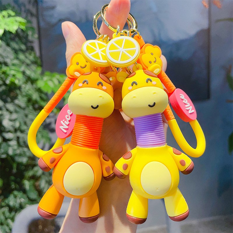 Animal Keychain Cartoon Cute Giraffe Keychain 3D PVC Keyring Funny Stretchy Tube Giraffe toy Key chain Bag Pendant for Kids Gift