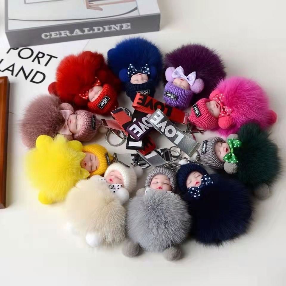 Wholesale Fox Fur Ball Pendant KeyChain kawaii Sleeping Doll Plush Accessories Car KeyRing pom sweet cute baby sleeping keychain