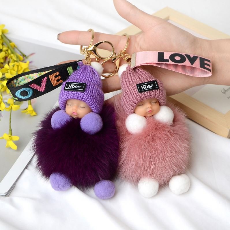 Wholesale Fox Fur Ball Pendant KeyChain kawaii Sleeping Doll Plush Accessories Car KeyRing pom sweet cute baby sleeping keychain