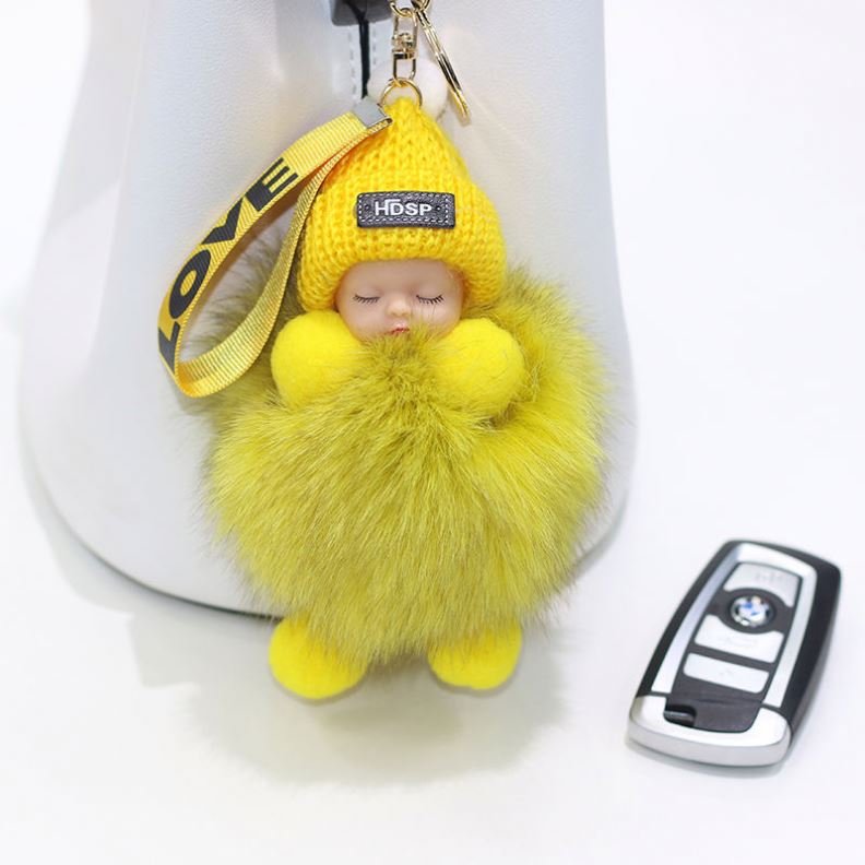 Wholesale Fox Fur Ball Pendant KeyChain kawaii Sleeping Doll Plush Accessories Car KeyRing pom sweet cute baby sleeping keychain