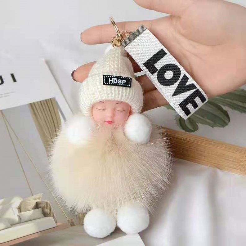 Wholesale Fox Fur Ball Pendant KeyChain kawaii Sleeping Doll Plush Accessories Car KeyRing pom sweet cute baby sleeping keychain