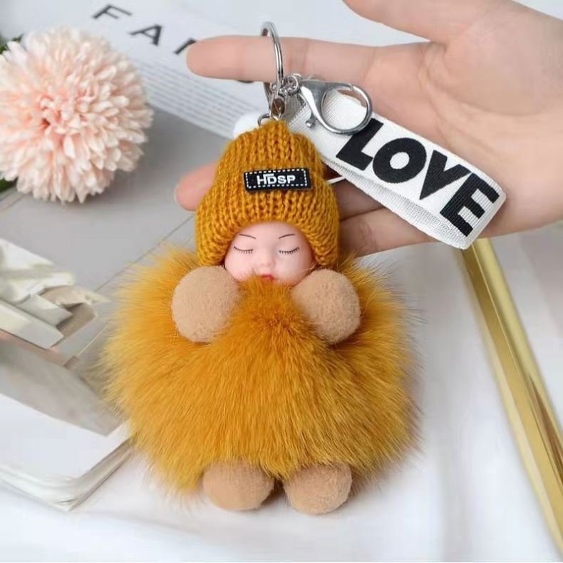 Wholesale Fox Fur Ball Pendant KeyChain kawaii Sleeping Doll Plush Accessories Car KeyRing pom sweet cute baby sleeping keychain