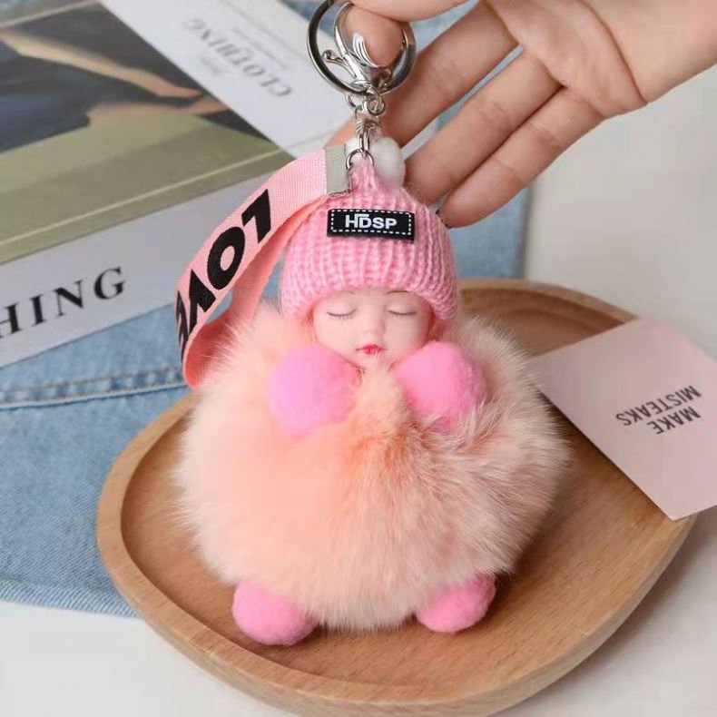 Wholesale Fox Fur Ball Pendant KeyChain kawaii Sleeping Doll Plush Accessories Car KeyRing pom sweet cute baby sleeping keychain