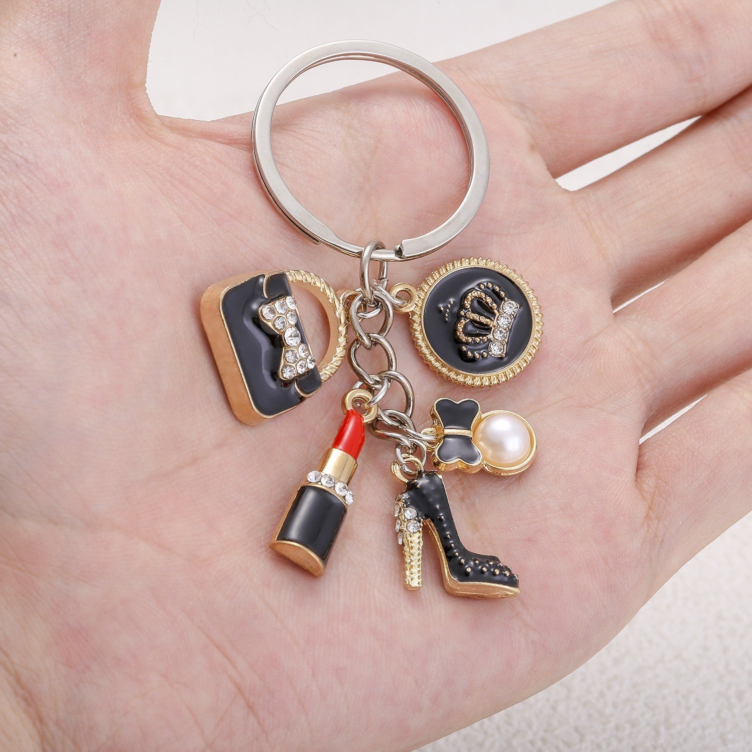 Cute mini Lipstick Keychain Luxury Handbag high heels Crown Enamel Key chains Women Bag charm Pendant Car Keyring Girly Keychain