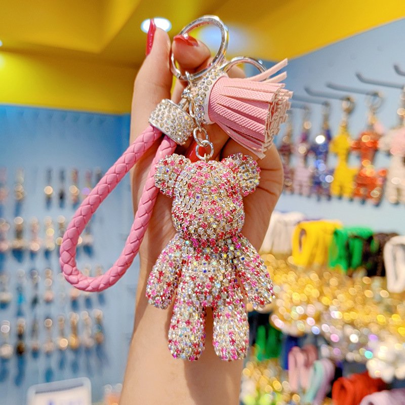 Girl Mini Luxury Rhinestone Teddy Bear Keychain Tassel Rope Lanyard Crystal Sparkly Car Bling Keyring Kid Diamond Bear Key Chain