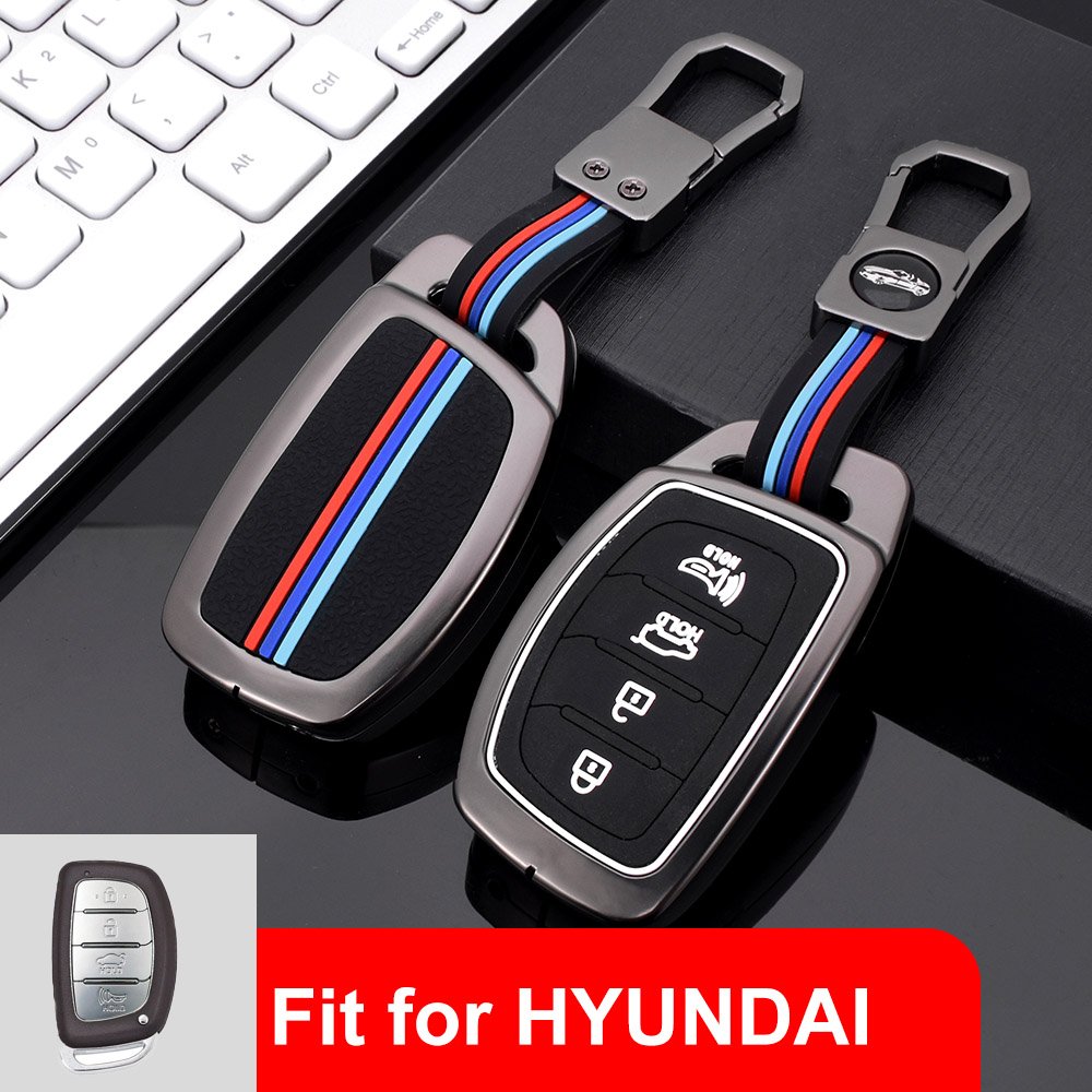 Zinc Alloy+Silicone Car Key Cover Case with Metal Key Chain Car Remote Key Fob Suitable for Hyundai Car Key Accessories