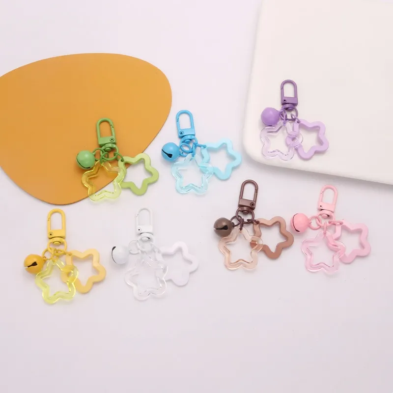 Promotion Acrylic hollowed out pentagram ins pendant keychain accessories Star keyring Cute candy color Star Bell Keychain charm