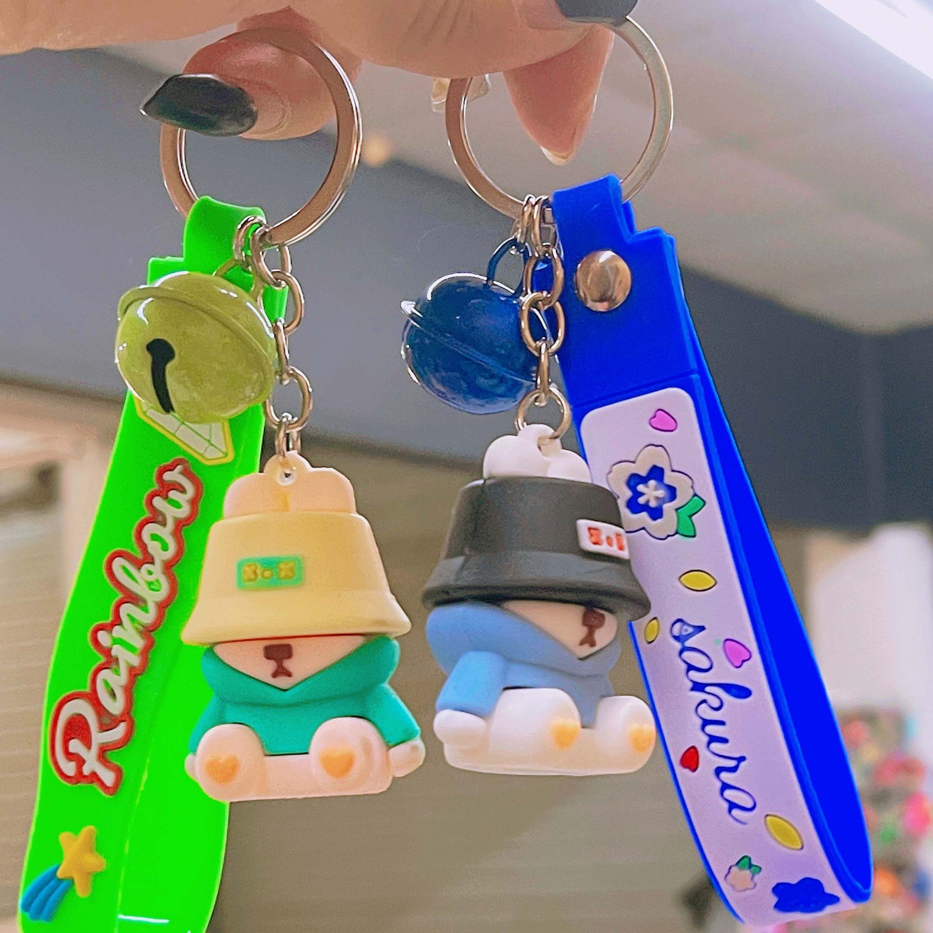 Cartoon Hat Bear Keychain 3D Rubber Cute Doll Keychain Backpack Bag Charm Pendant Couple Keyring Accessories - Mixed