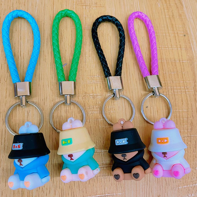 Cartoon Hat Bear Keychain 3D Rubber Cute Doll Keychain Backpack Bag Charm Pendant Couple Keyring Accessories - Mixed