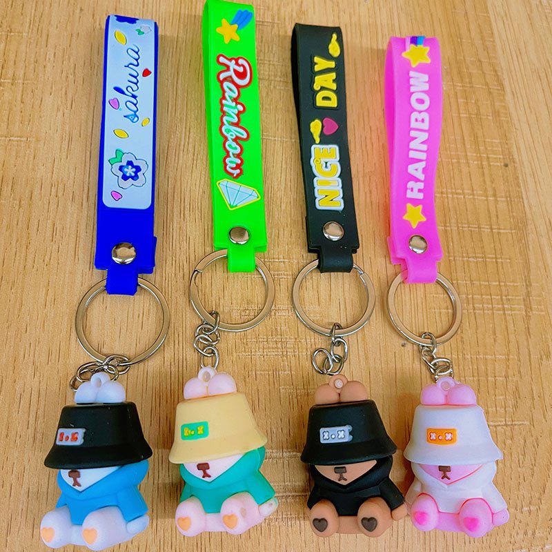 Cartoon Hat Bear Keychain 3D Rubber Cute Doll Keychain Backpack Bag Charm Pendant Couple Keyring Accessories - Mixed