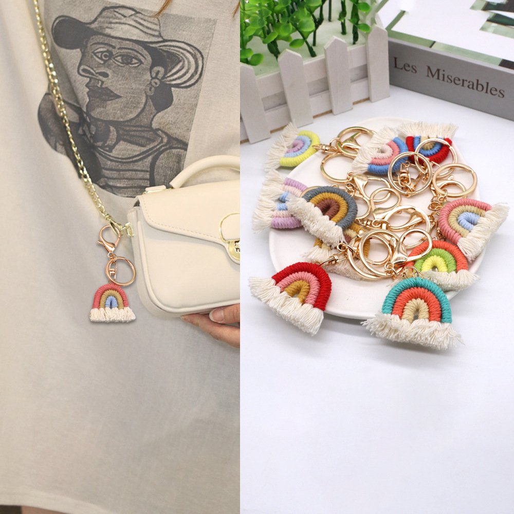 Rainbow Keychain Boho Macrame Weaving Tassel Key chains For Women Bag Wallet Purse Charm Decorations Car Key ring Holder Jewelry