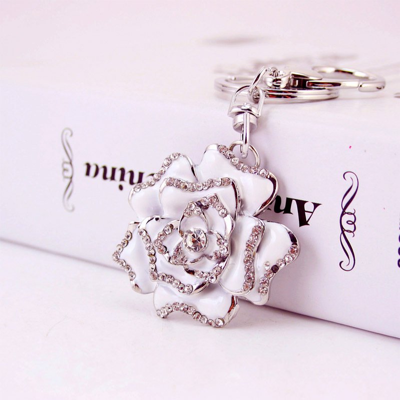 Cute Red Roses Flower Keychain Bling Crystal Rhinestones Key chains Bag Charm Pendant Flower Key Rings Women Gifts Rose Keychain