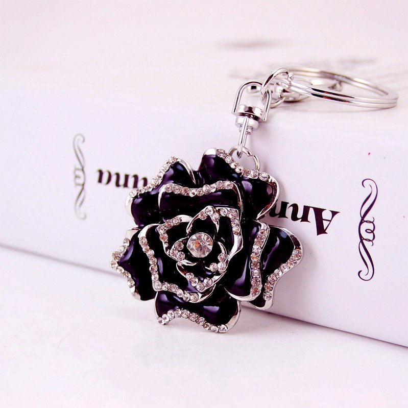 Cute Red Roses Flower Keychain Bling Crystal Rhinestones Key chains Bag Charm Pendant Flower Key Rings Women Gifts Rose Keychain